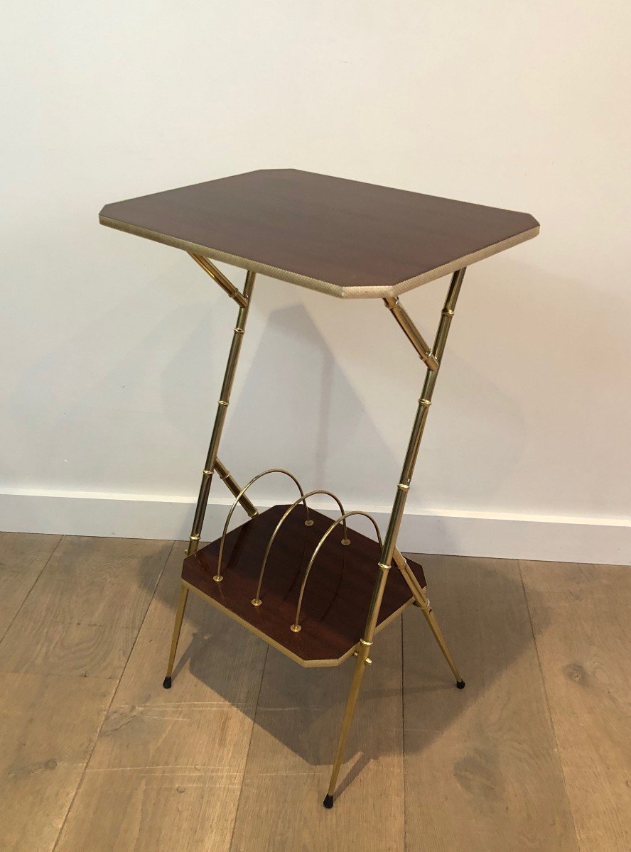 Mahogany And Faux-bamboo Gilt Metal Side Table With Magazine Rack. French. Circa 1970