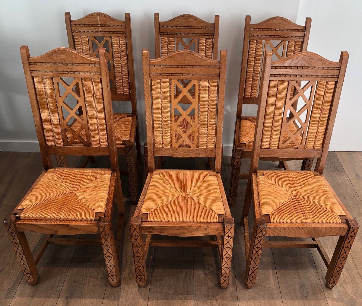 Set Of 6 Brutalist Chairs Made Of Ash And Straw. French Work, Circa 1950-photo-2