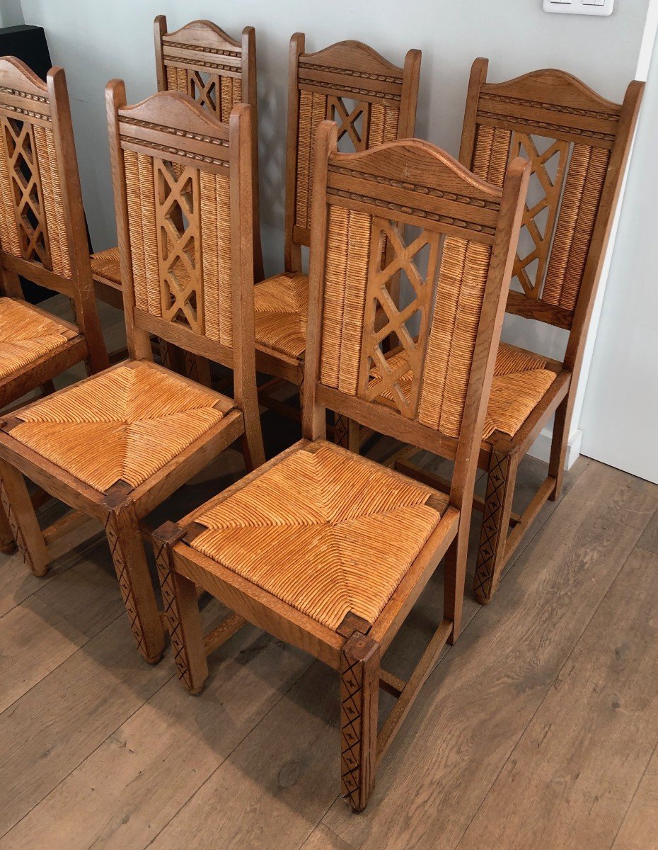 Set Of 6 Brutalist Chairs Made Of Ash And Straw. French Work, Circa 1950-photo-3