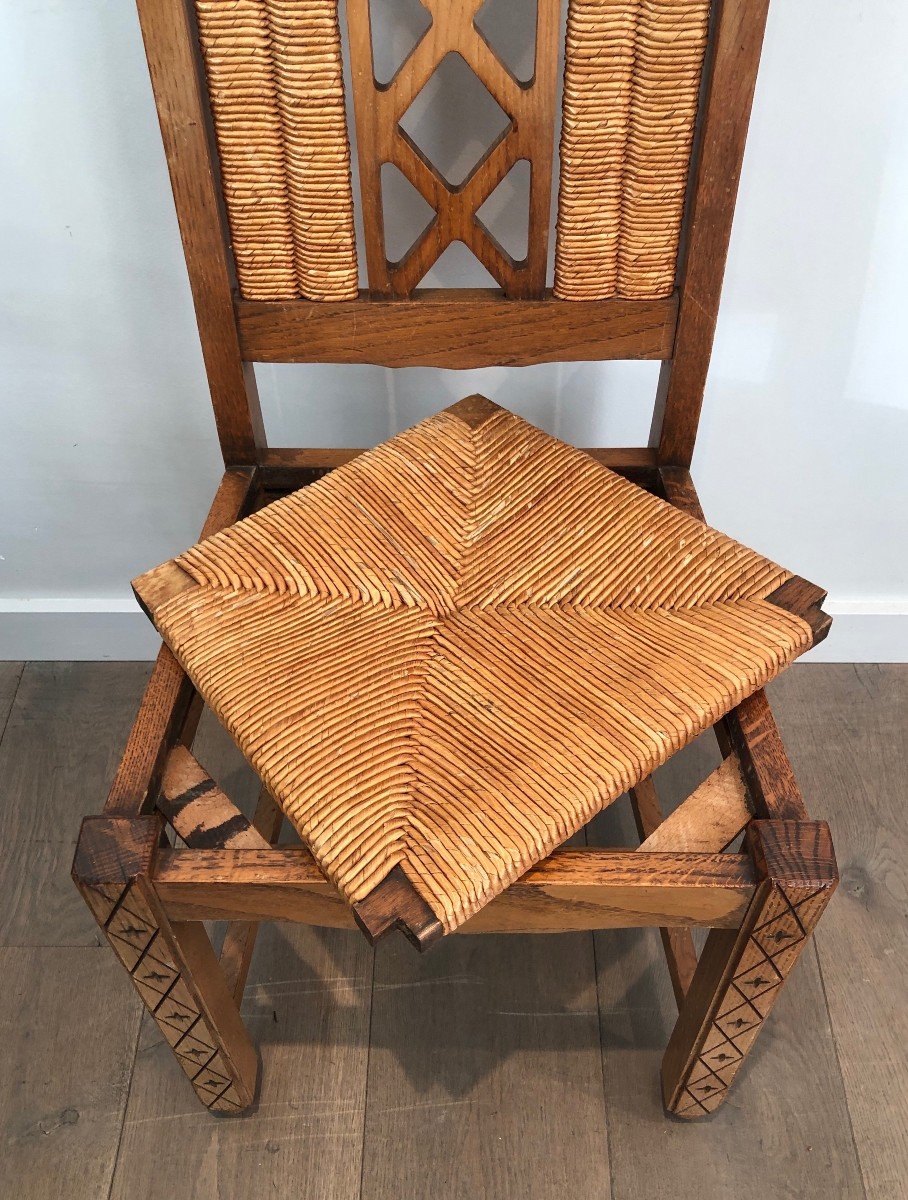 Set Of 6 Brutalist Chairs Made Of Ash And Straw. French Work, Circa 1950-photo-7