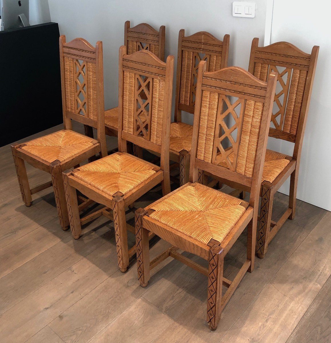 Set Of 6 Brutalist Chairs Made Of Ash And Straw. French Work, Circa 1950-photo-8