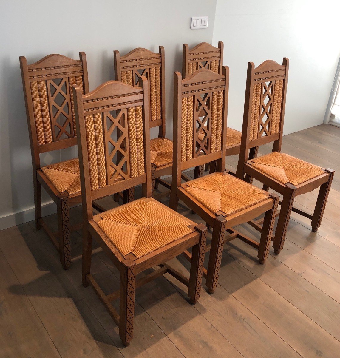Set Of 6 Brutalist Chairs Made Of Ash And Straw. French Work, Circa 1950