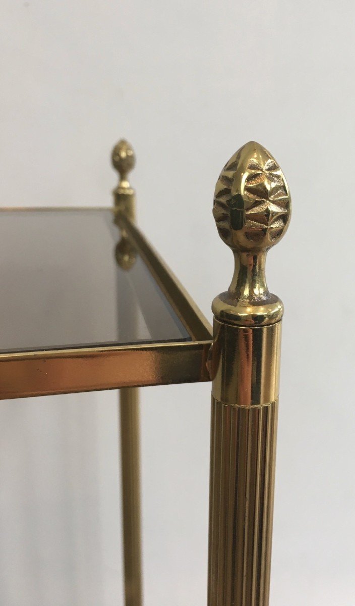 Maison Jansen. Pair Of Neoclassical Style Brass Side Tables With Smoked Glass Tops. French-photo-4