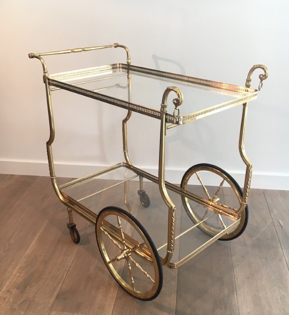 Maison Jansen. Rare Neoclassical Style Brass Drinks Trolley With Glass Trays. French. C 1940-photo-2