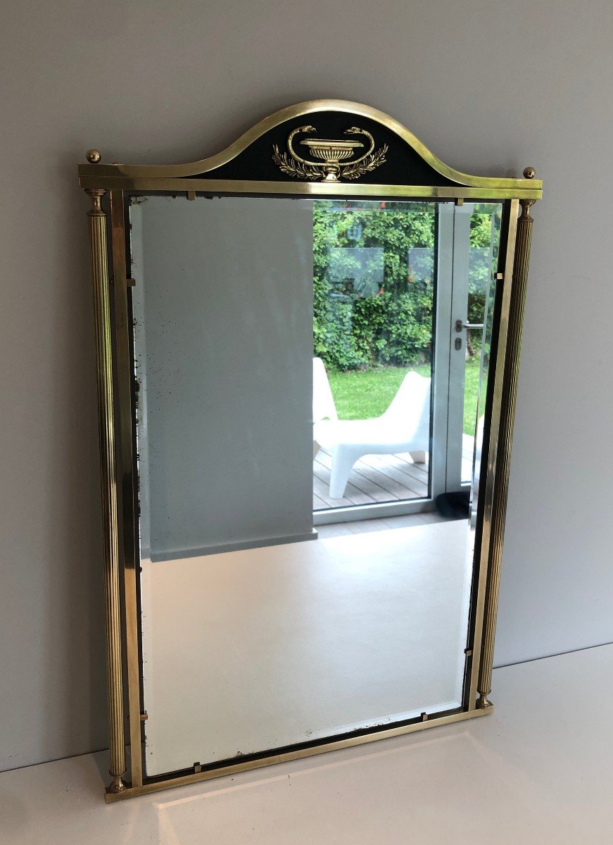 Neoclassical Style Brass And Lacquered Metal Mirror With Cup And Swan Necks. French. Circa 1940