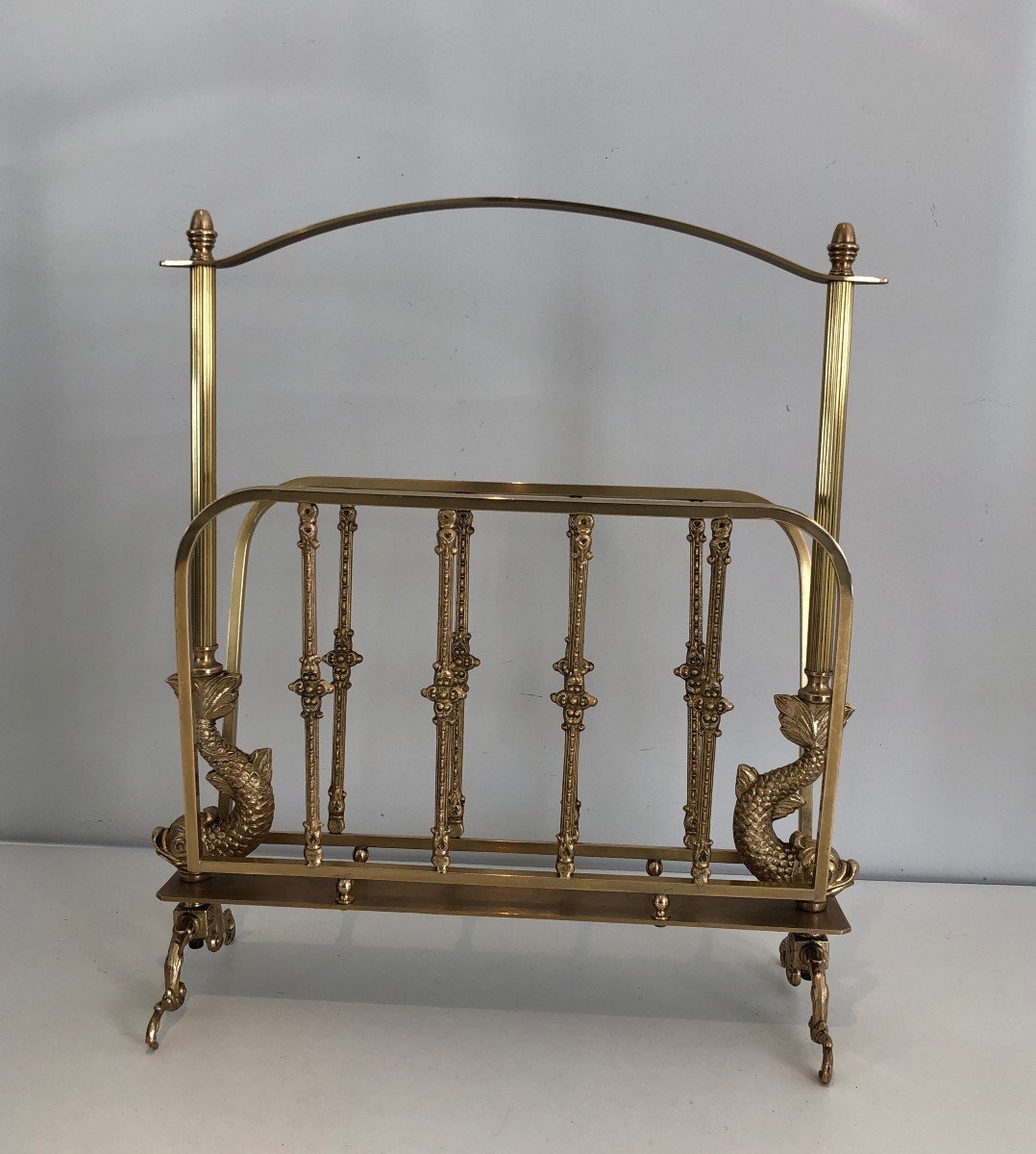 Maison Jansen. Neoclassical Style Brass Magazine Rack With Dolphin Heads. French. Circa 1940-photo-3