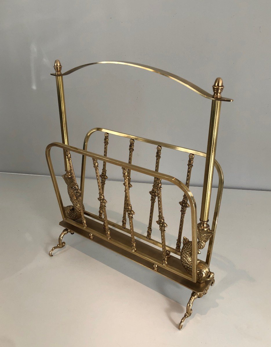 Maison Jansen. Neoclassical Style Brass Magazine Rack With Dolphin Heads. French. Circa 1940-photo-8