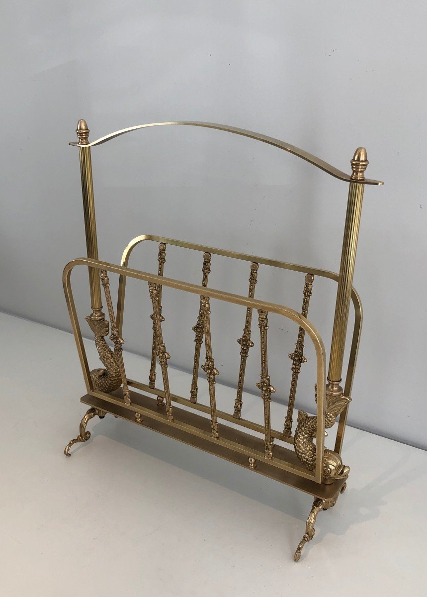 Maison Jansen. Neoclassical Style Brass Magazine Rack With Dolphin Heads. French. Circa 1940