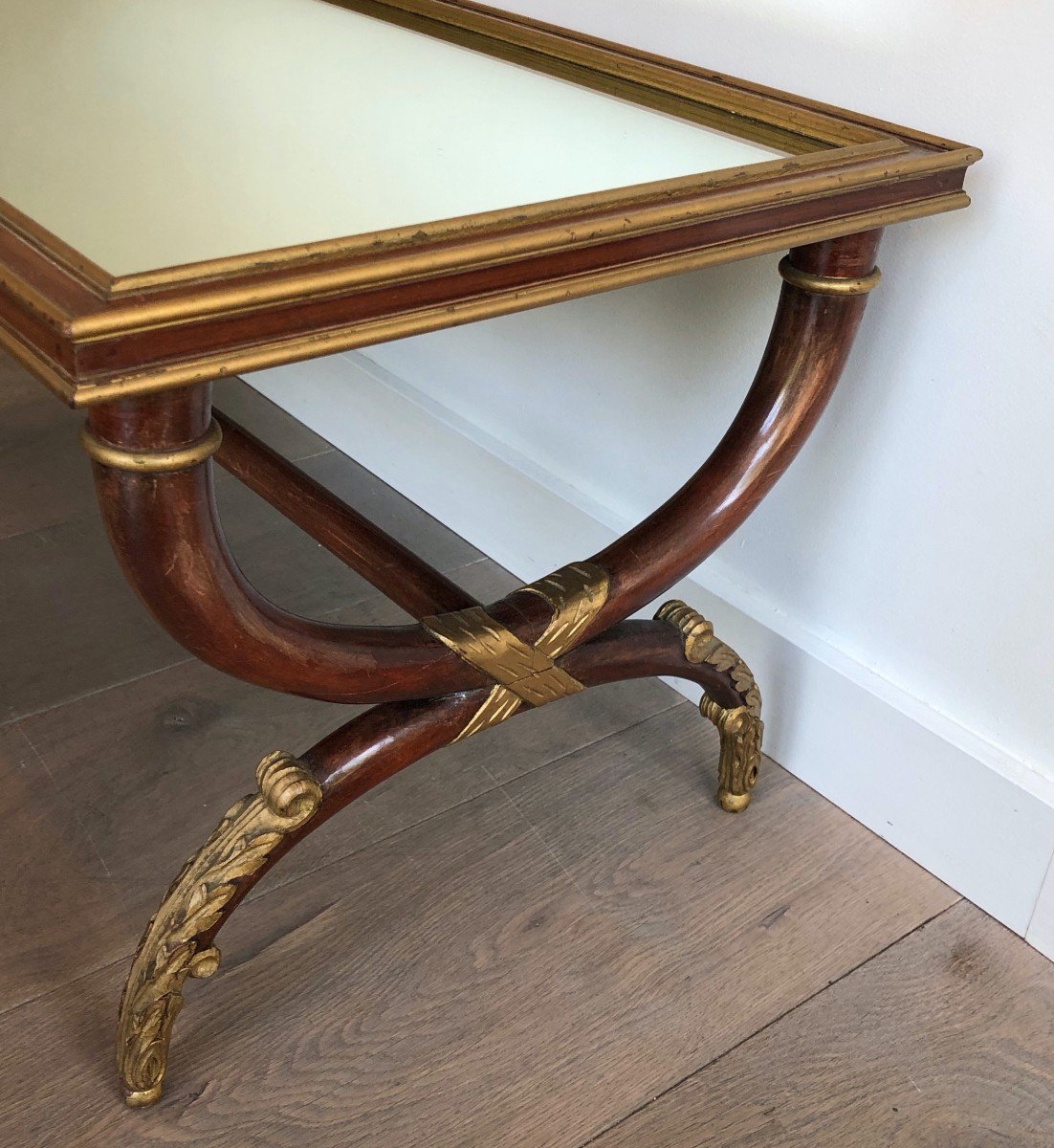 Maison Hirch. Carved And Gilt Wood Coffee Table With Mirror Top. French Work Signed M Hirch-photo-1