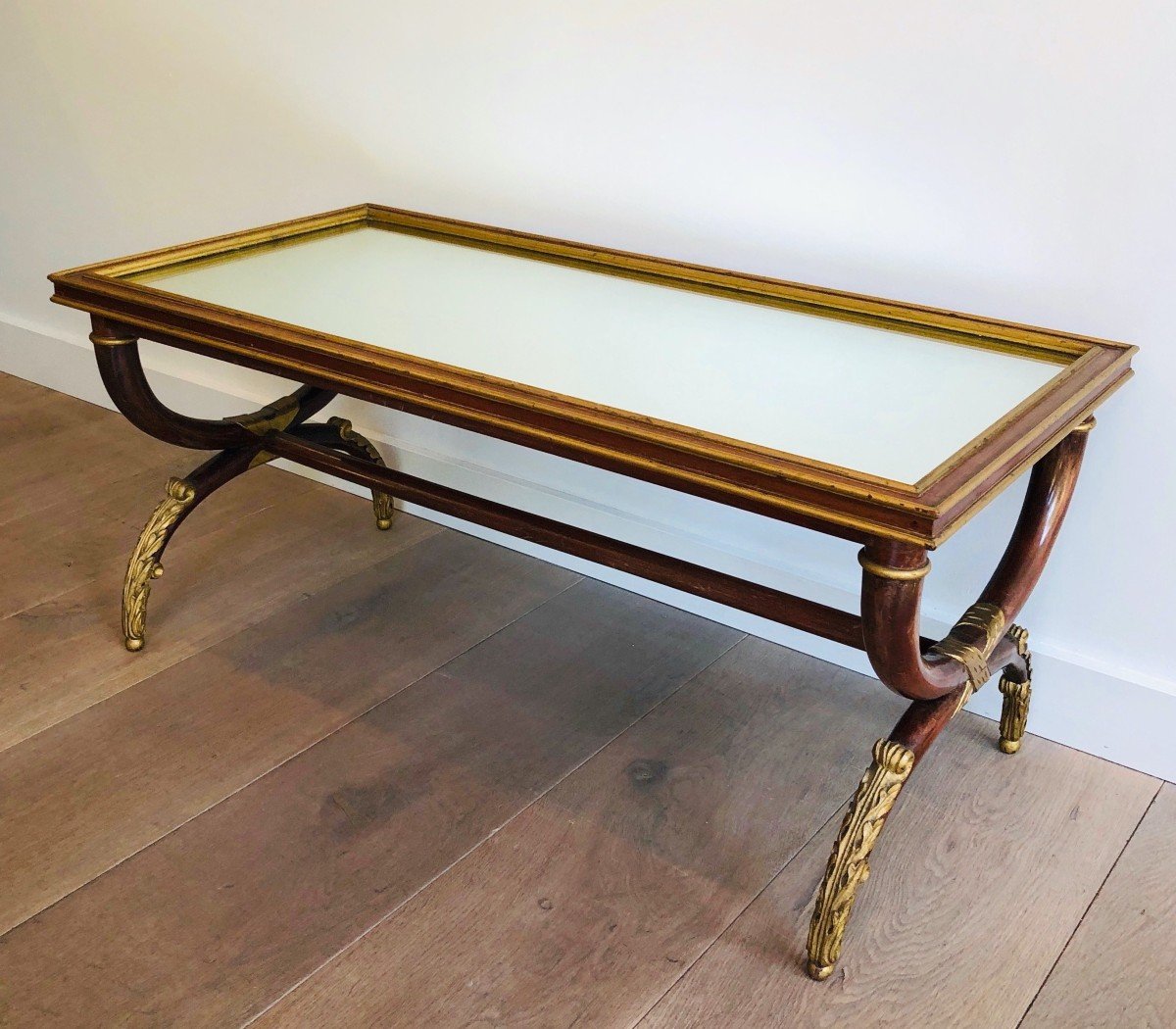 Maison Hirch. Carved And Gilt Wood Coffee Table With Mirror Top. French Work Signed M Hirch