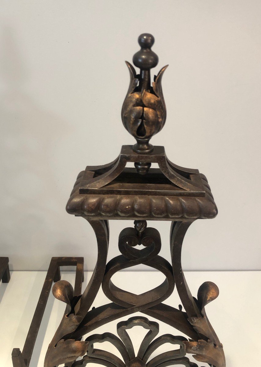 In The Style Of Gilbert Poillerat. Important Pair Of Wrought Iron And Gilt Iron Andirons-photo-4