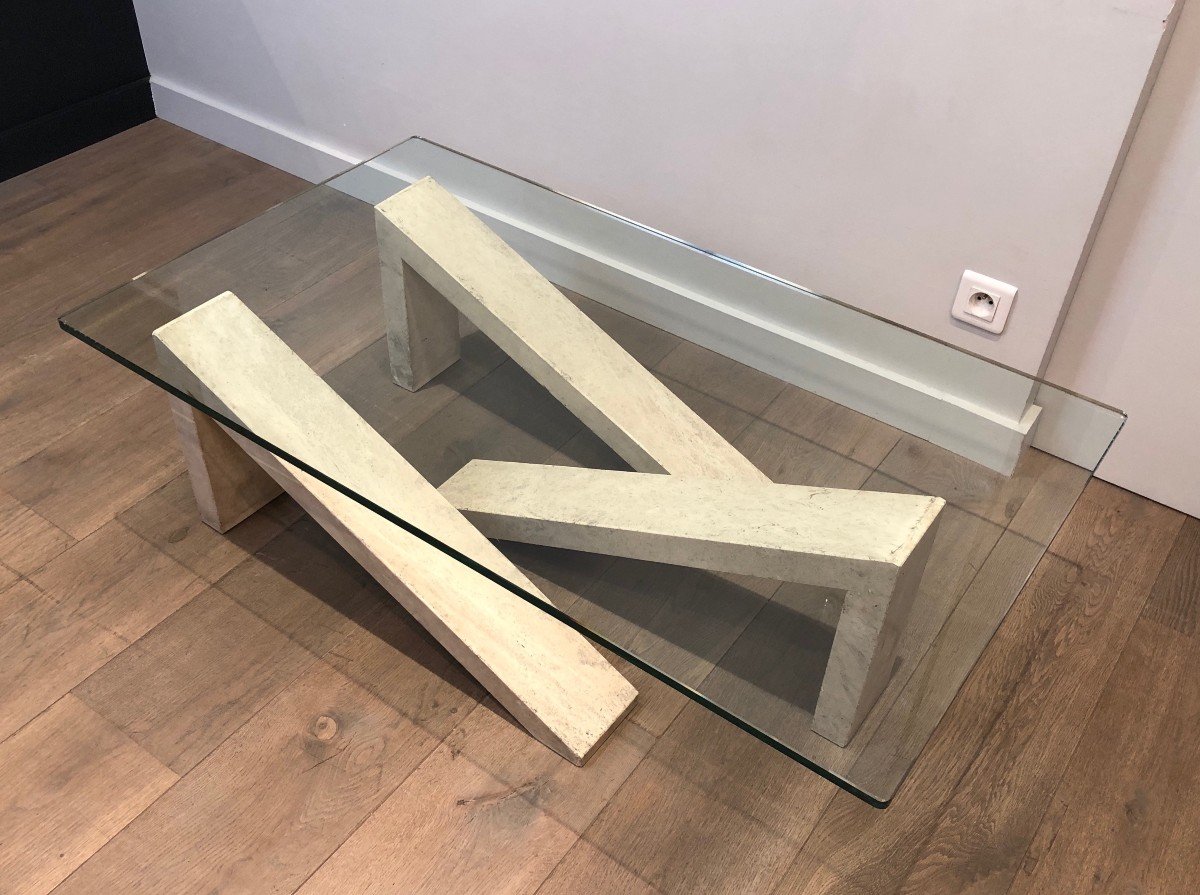 Coffee Table Made Of Geometrical Marble Elements With Glass Top. French. Circa 1970-photo-1