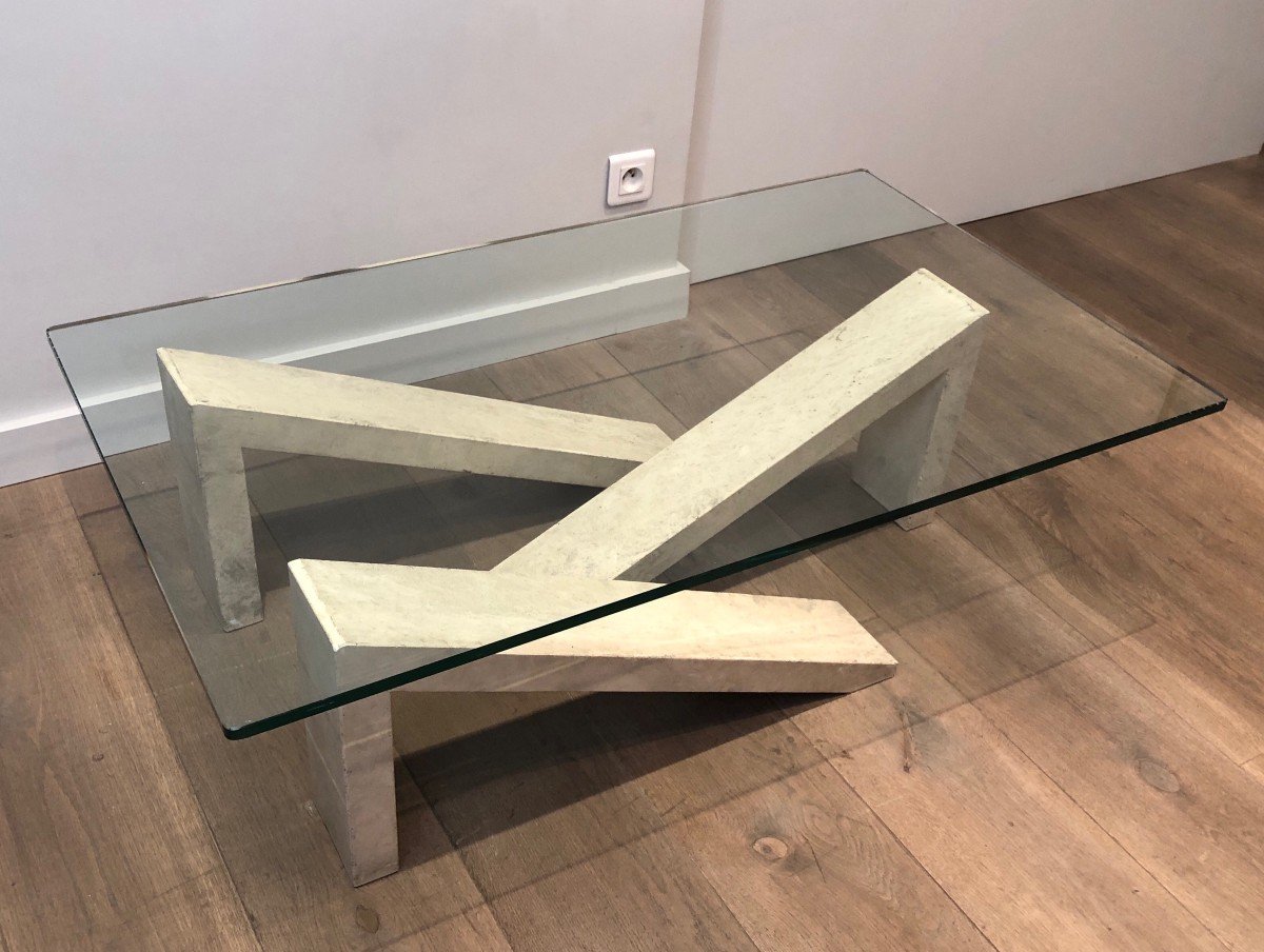 Coffee Table Made Of Geometrical Marble Elements With Glass Top. French. Circa 1970-photo-2