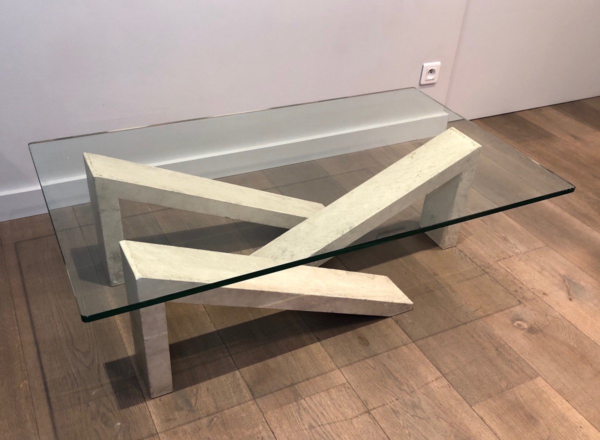 Coffee Table Made Of Geometrical Marble Elements With Glass Top. French. Circa 1970-photo-7