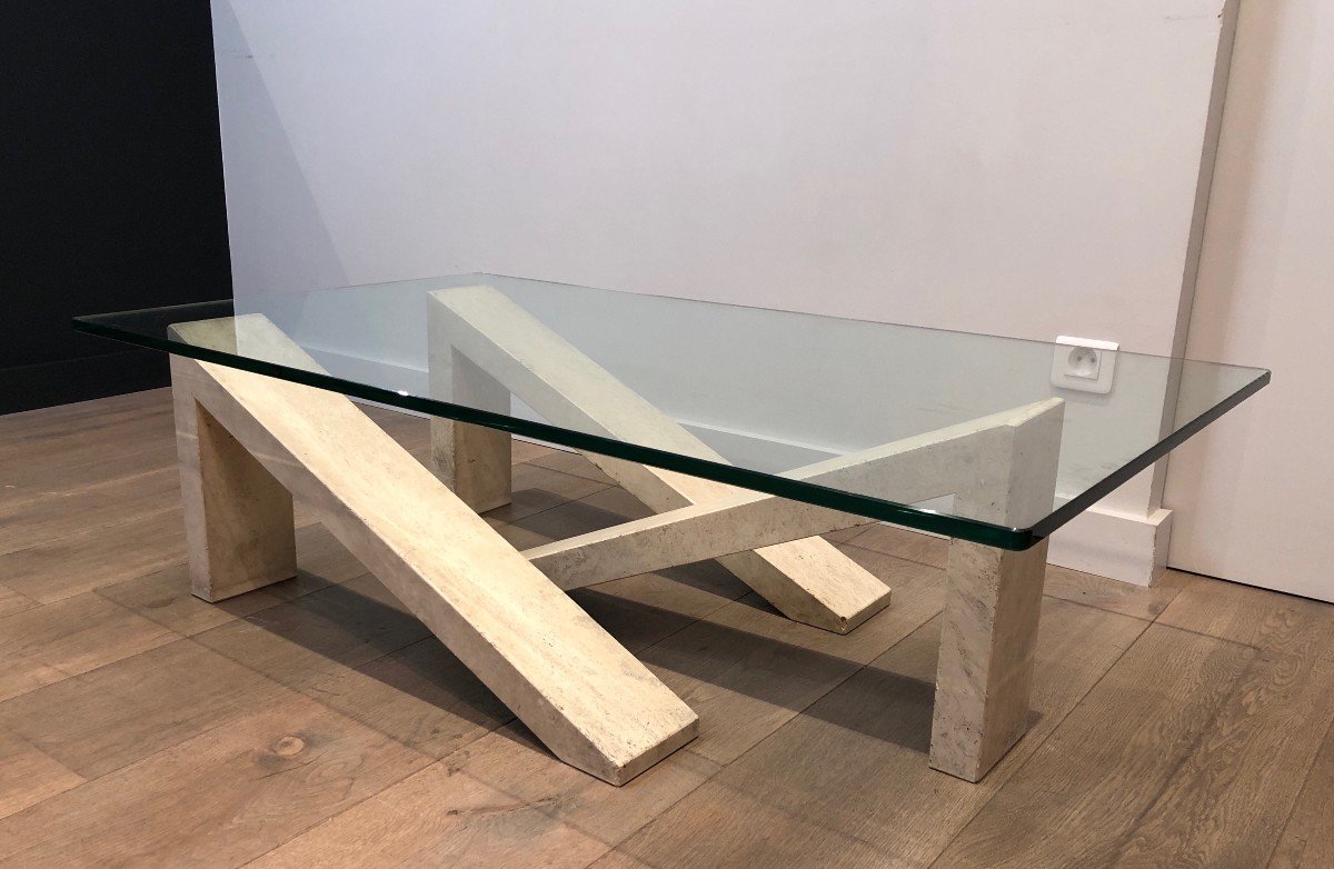Coffee Table Made Of Geometrical Marble Elements With Glass Top. French. Circa 1970-photo-8