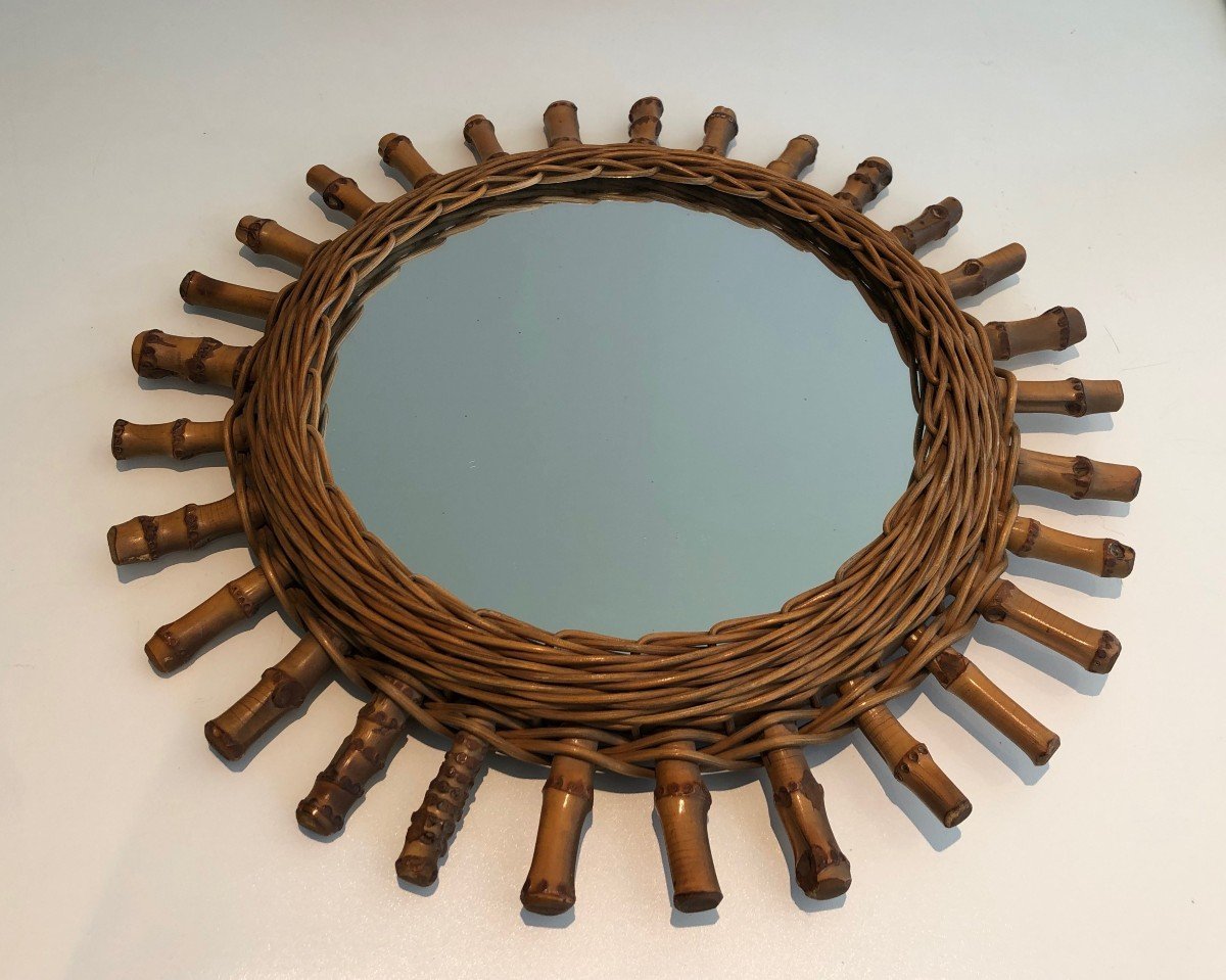 Round Rattan Mirror. French. Circa 1970-photo-3