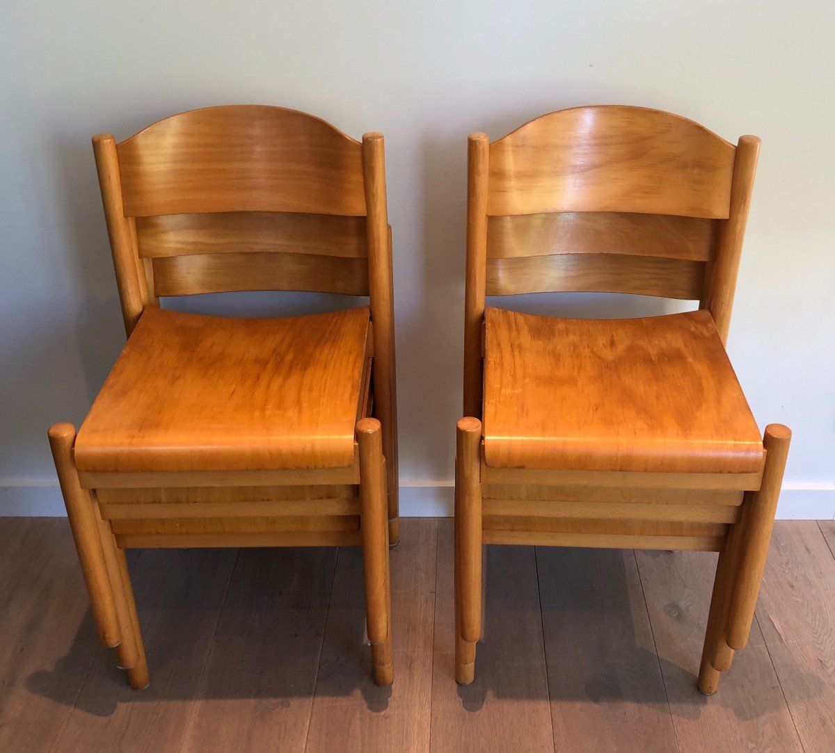 Set Of 6 Stackable Pine Chairs. German Work By Karl Klipper. Circa 1970-photo-4