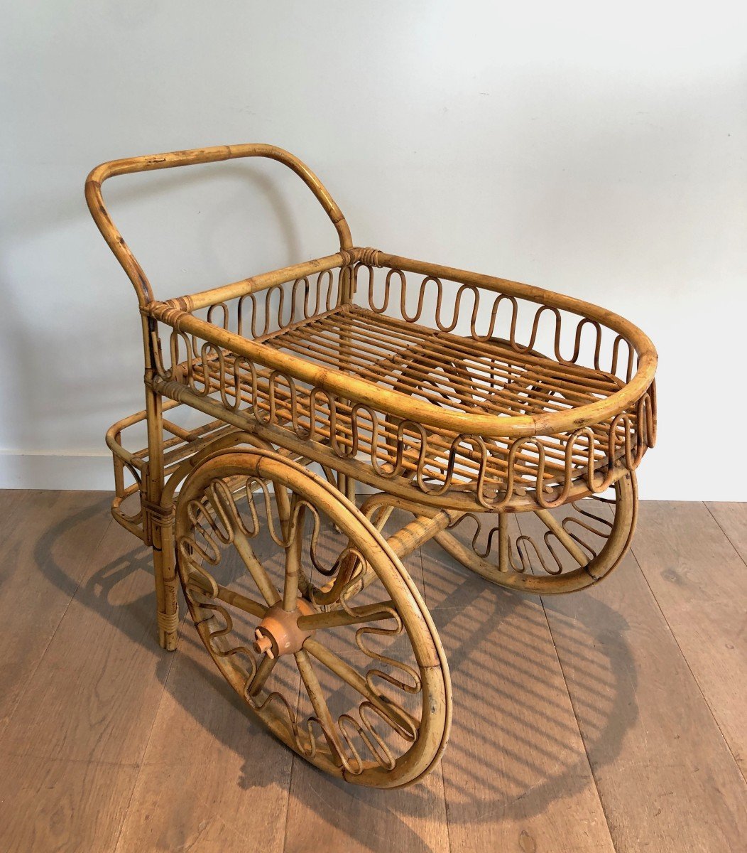 Rattan Drinks Trolley. French Work Attributed To Audoux Minet. Circa 1970-photo-3