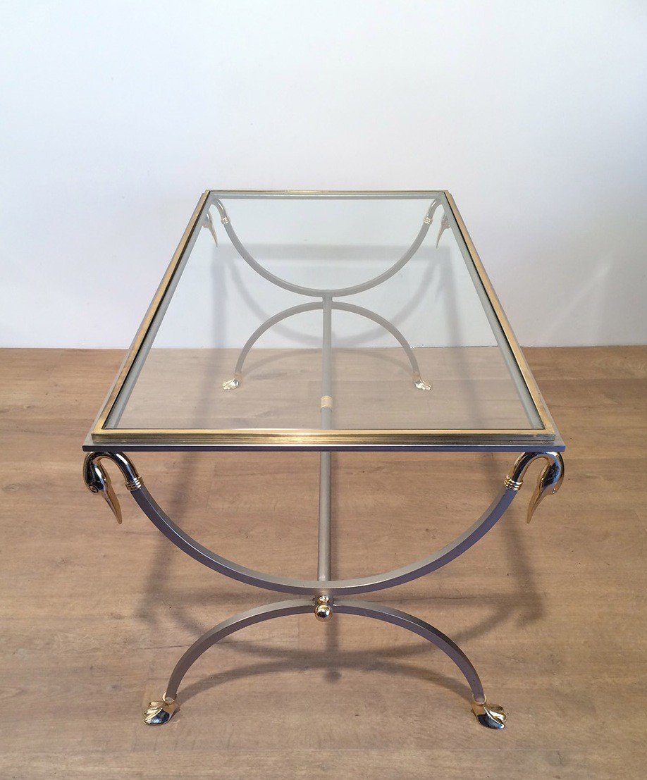 Brushed Steel And Brass Coffee Table With Swanheads And Feet. Maison Jansen. Circa 1970-photo-3