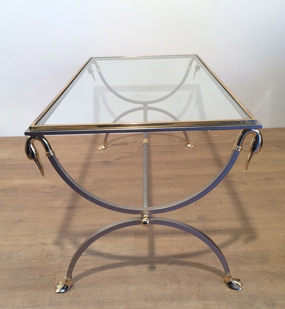Brushed Steel And Brass Coffee Table With Swanheads And Feet. Maison Jansen. Circa 1970-photo-4