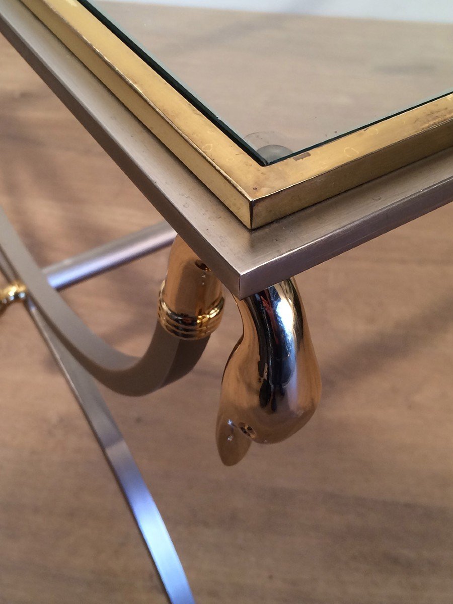 Brushed Steel And Brass Coffee Table With Swanheads And Feet. Maison Jansen. Circa 1970-photo-5