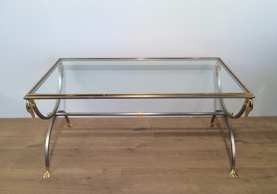 Brushed Steel And Brass Coffee Table With Swanheads And Feet. Maison Jansen. Circa 1970