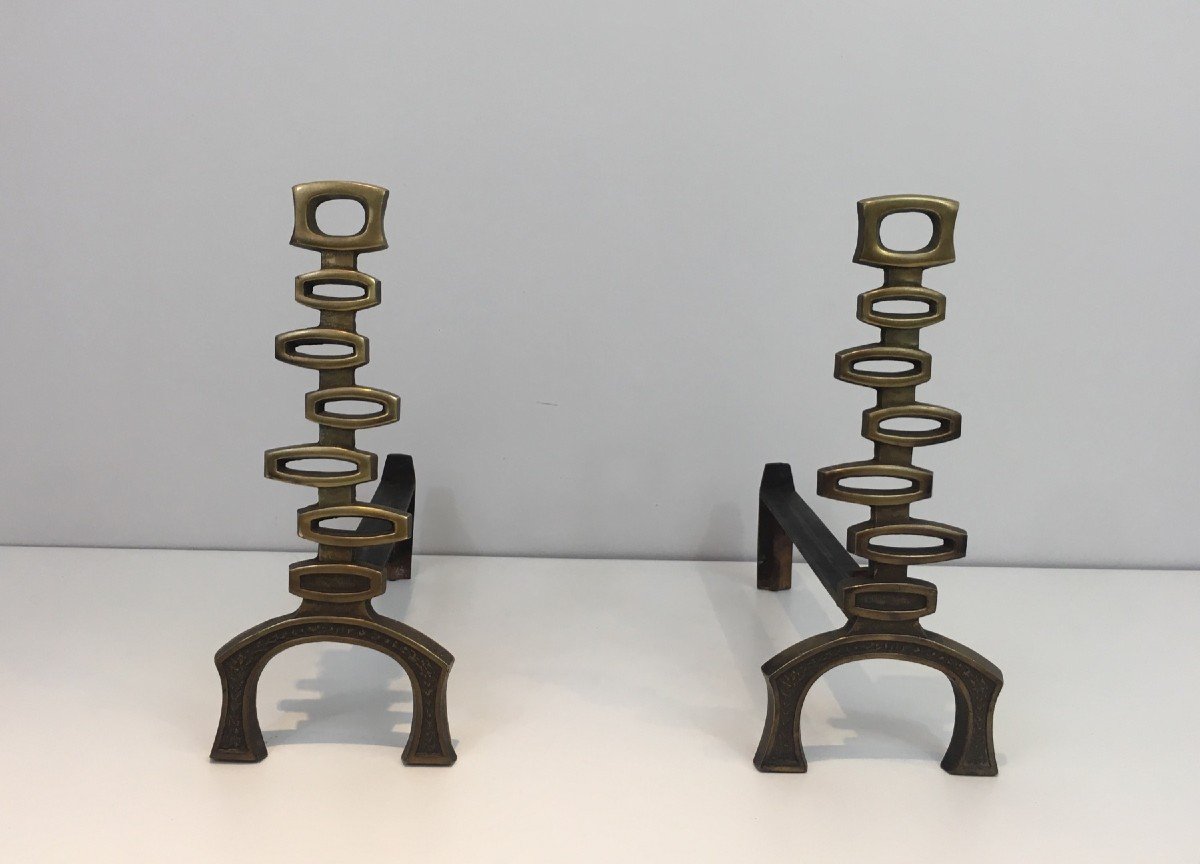 Modernist Brass Fireplace Tools On Stand. Italian. Circa 1970