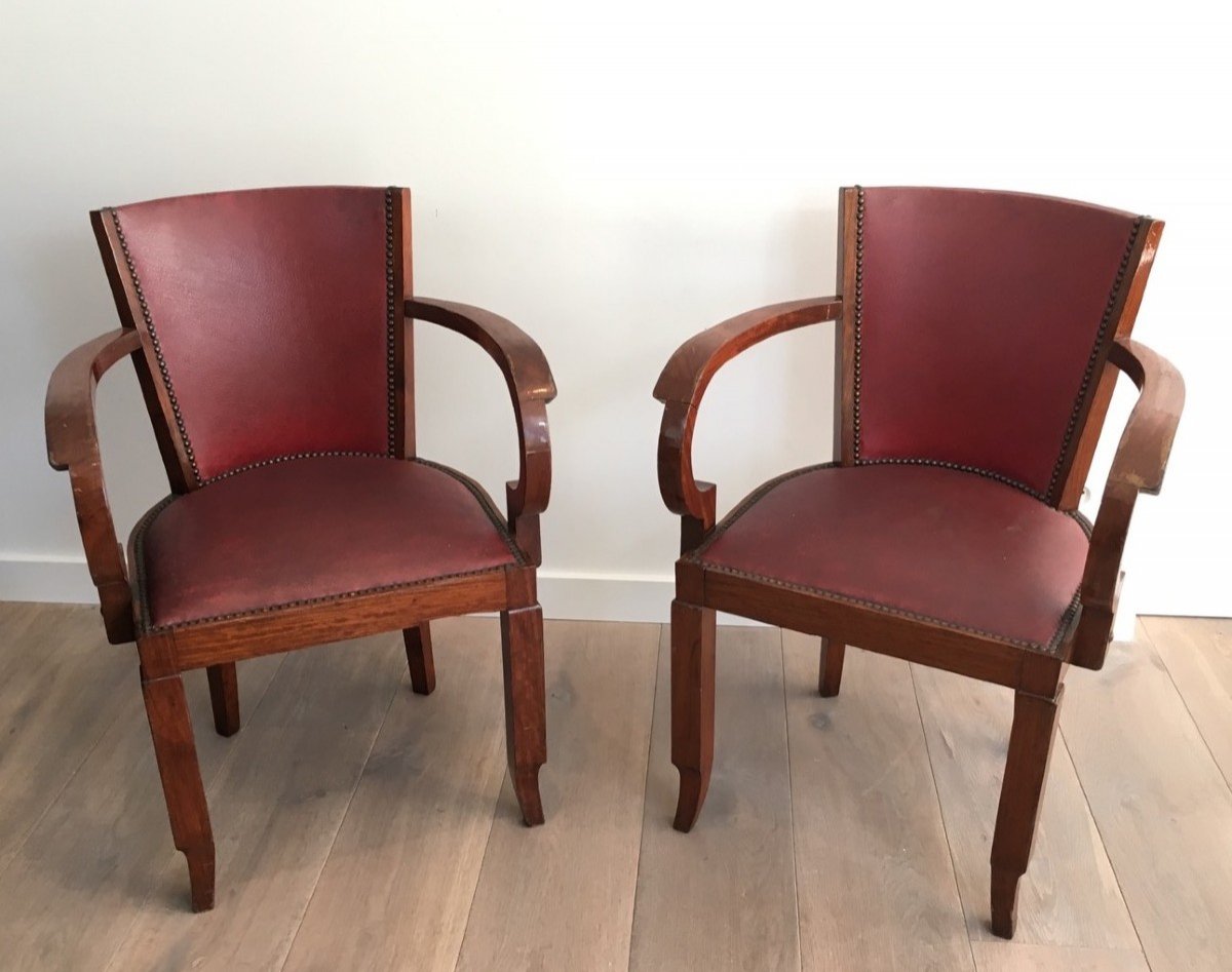 Rare Set Of Mahogany And Faux-leather Art Deco Armchairs. French. Circa 1930-photo-3