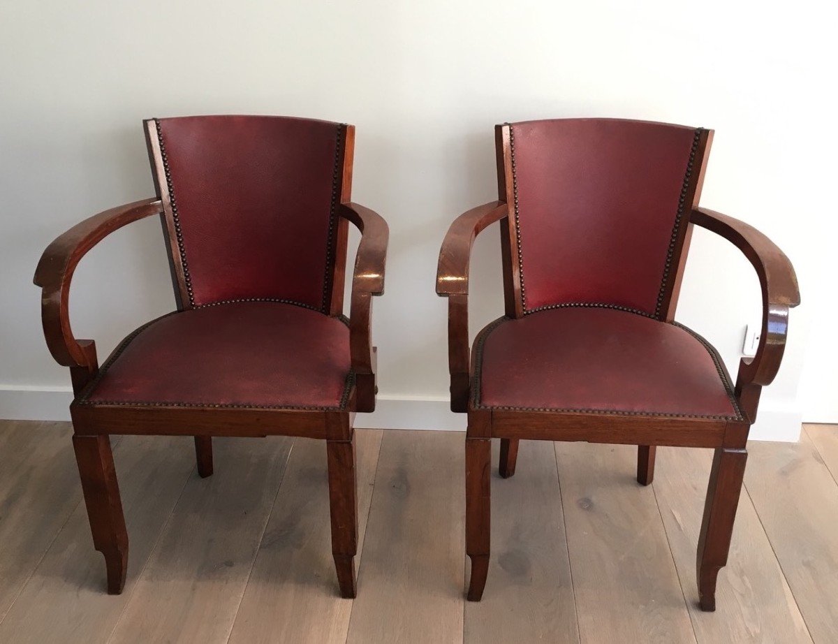 Rare Set Of Mahogany And Faux-leather Art Deco Armchairs. French. Circa 1930-photo-4