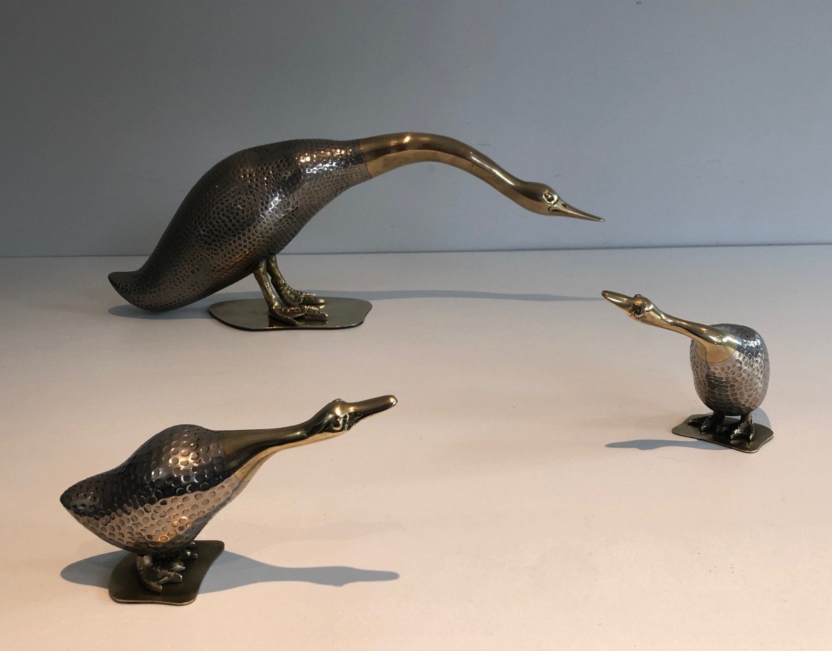 Set Of Silvered And Brass Duck And Her Ducklings. French. Circa 1970-photo-2