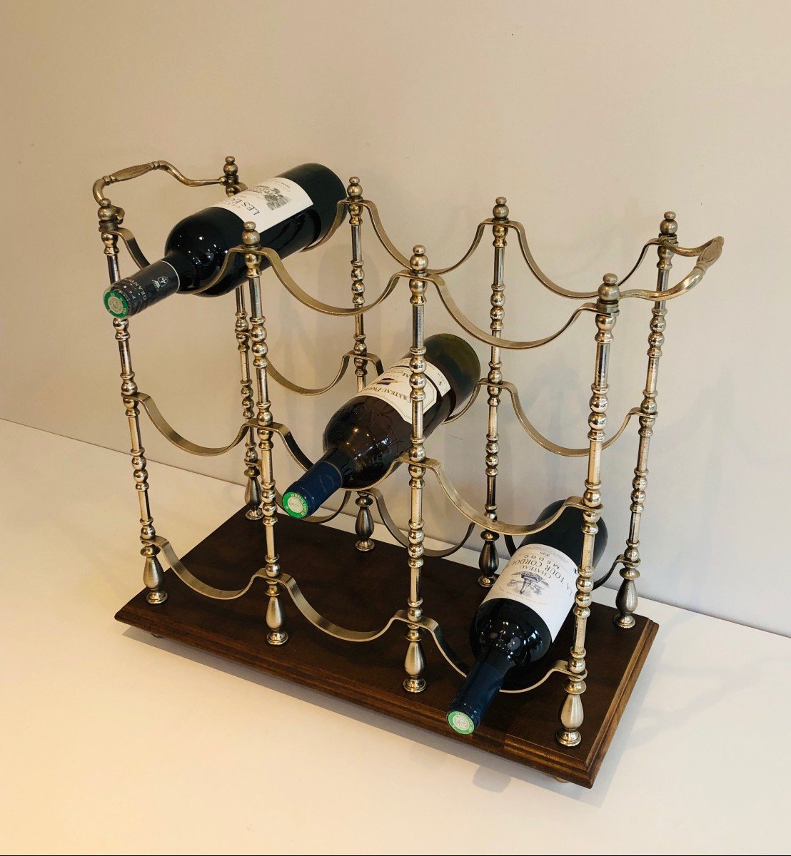 Silver Plated Bottles Holder On A Wooden Base. French. Circa 1960