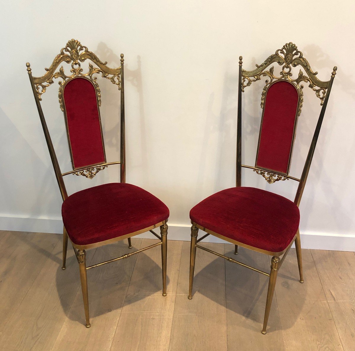 Suite De 4 Chaises De Style Néoclassique En Laiton Et Velours Rouge-photo-2