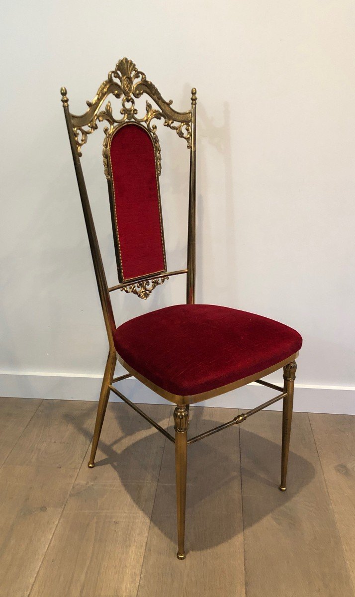 Suite De 4 Chaises De Style Néoclassique En Laiton Et Velours Rouge-photo-3