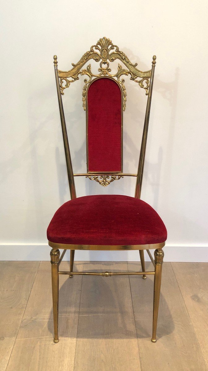 Set Of 4 Neoclassical Style Brass And Red Velvet Chairs. In The Style Of Maison Jansen-photo-1