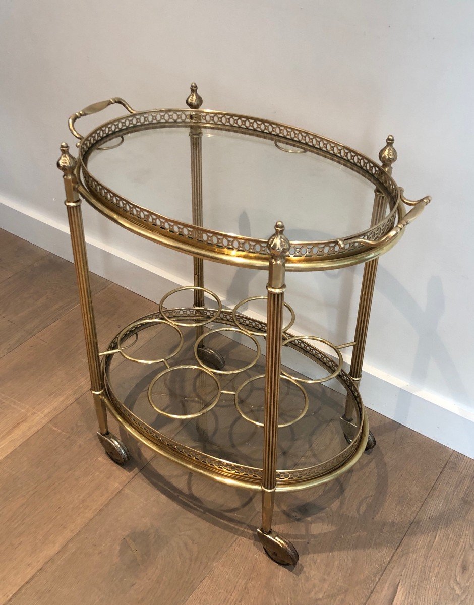 Oval Brass Drinks Trolley With Removable Top Tray And Bottles Holder.  Maison Jansen-photo-2