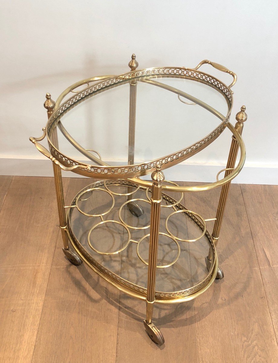 Oval Brass Drinks Trolley With Removable Top Tray And Bottles Holder.  Maison Jansen-photo-3