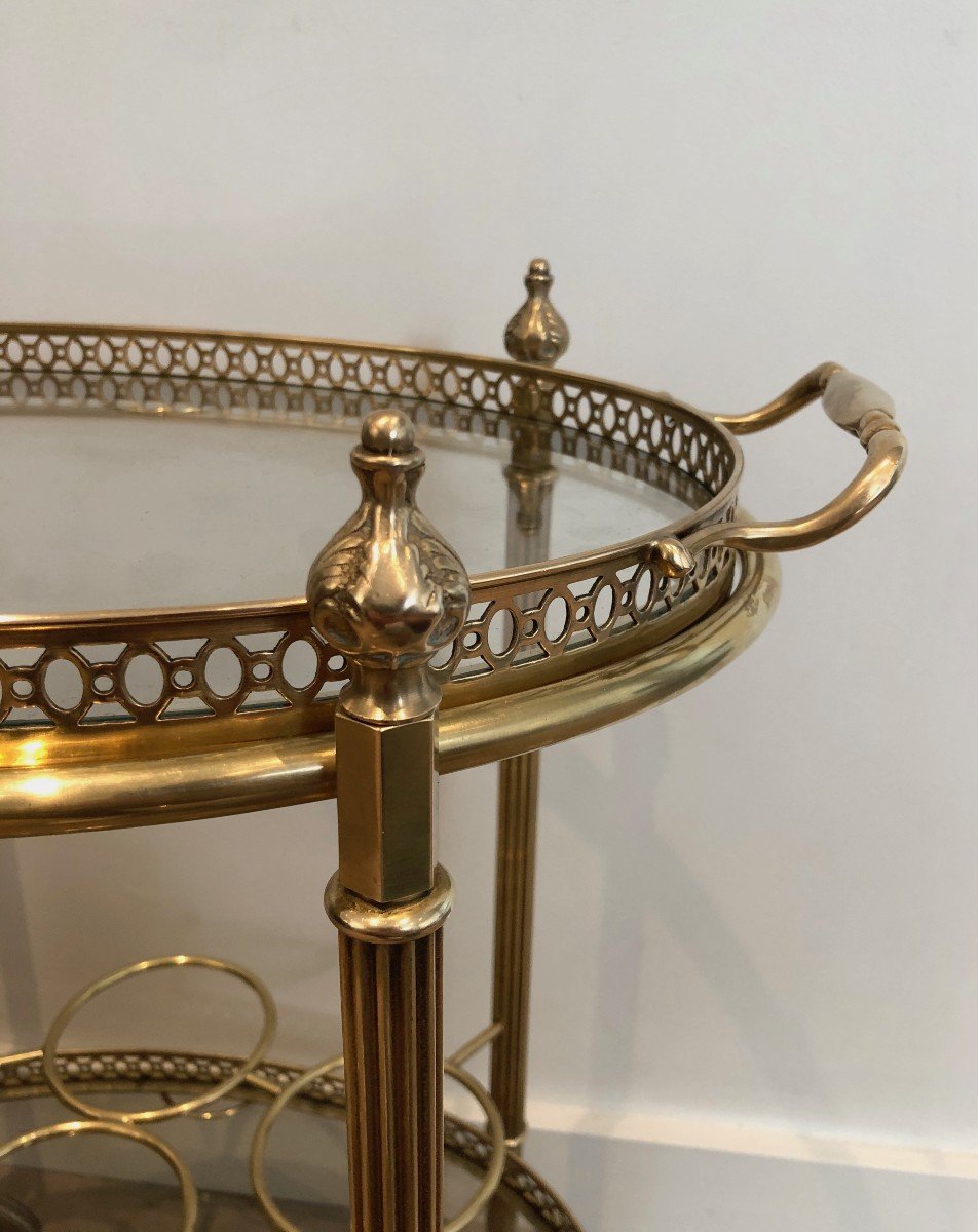 Oval Brass Drinks Trolley With Removable Top Tray And Bottles Holder.  Maison Jansen-photo-1