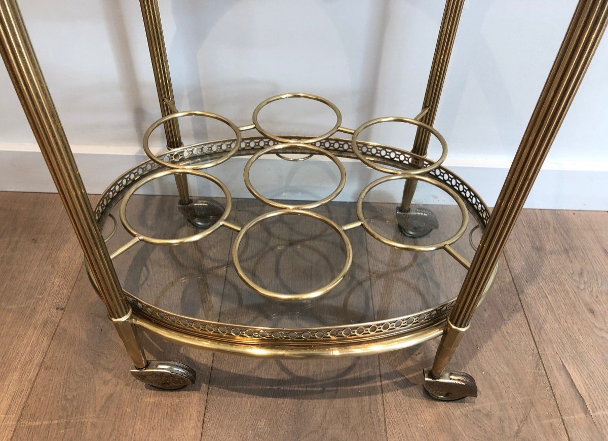 Oval Brass Drinks Trolley With Removable Top Tray And Bottles Holder.  Maison Jansen-photo-4