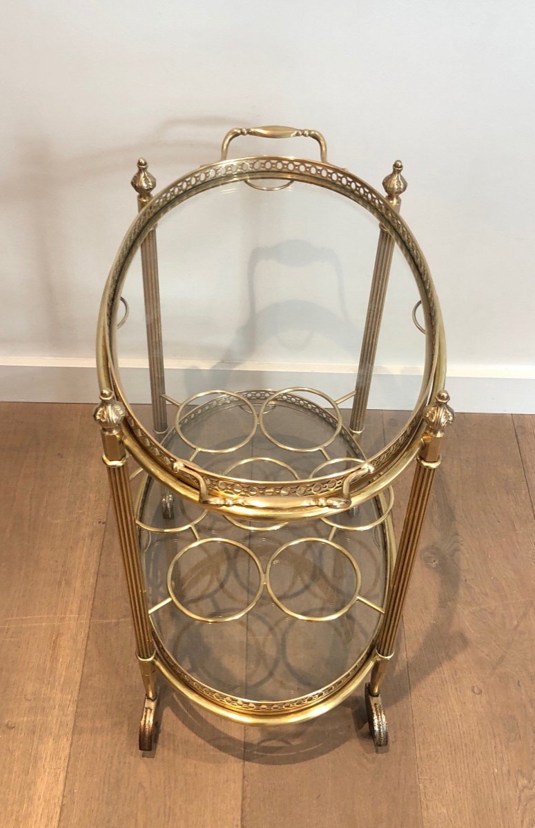 Oval Brass Drinks Trolley With Removable Top Tray And Bottles Holder.  Maison Jansen-photo-6