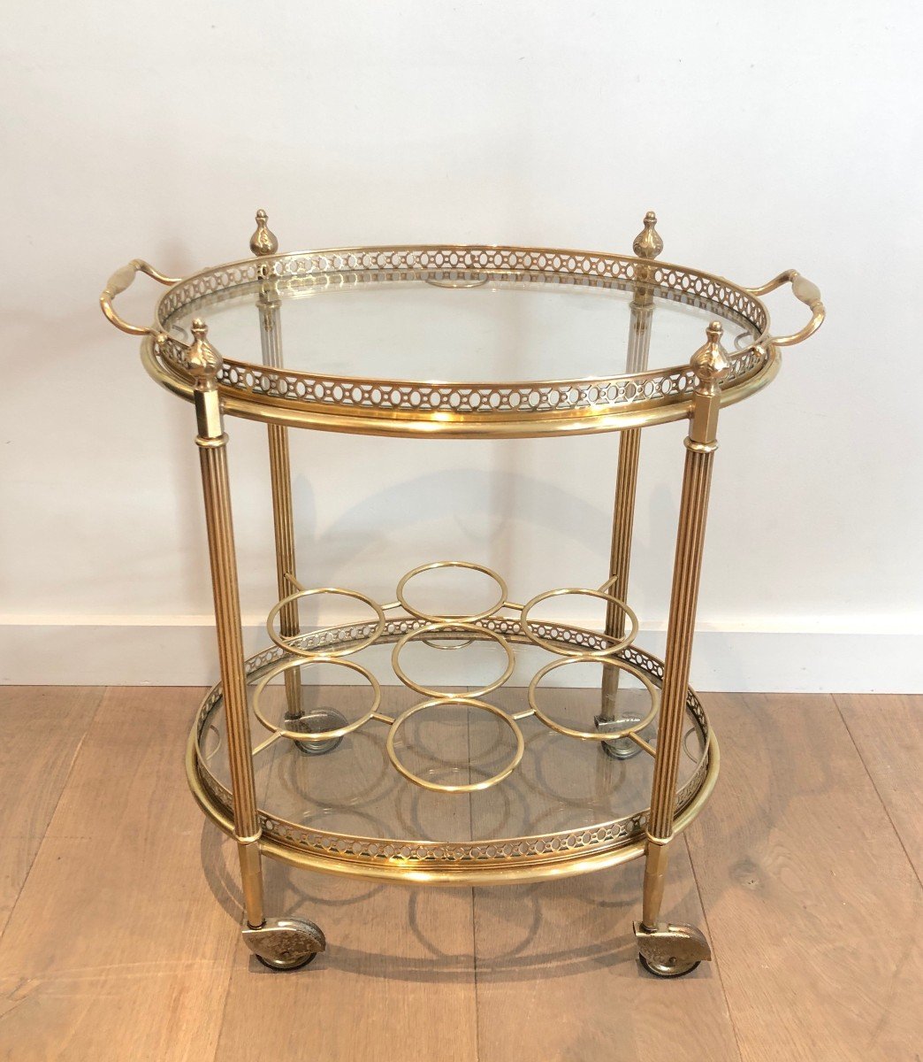 Oval Brass Drinks Trolley With Removable Top Tray And Bottles Holder.  Maison Jansen