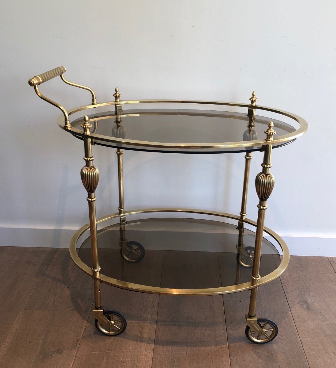 Oval Brass Drinks Trolley With Smoked Glass Shelves. French Work, Attributed To Maison Jansen-photo-2