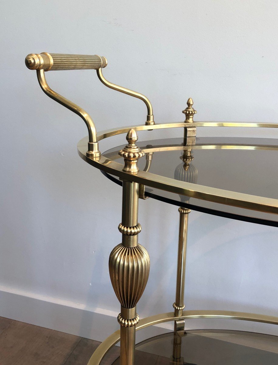 Oval Brass Drinks Trolley With Smoked Glass Shelves. French Work, Attributed To Maison Jansen-photo-4