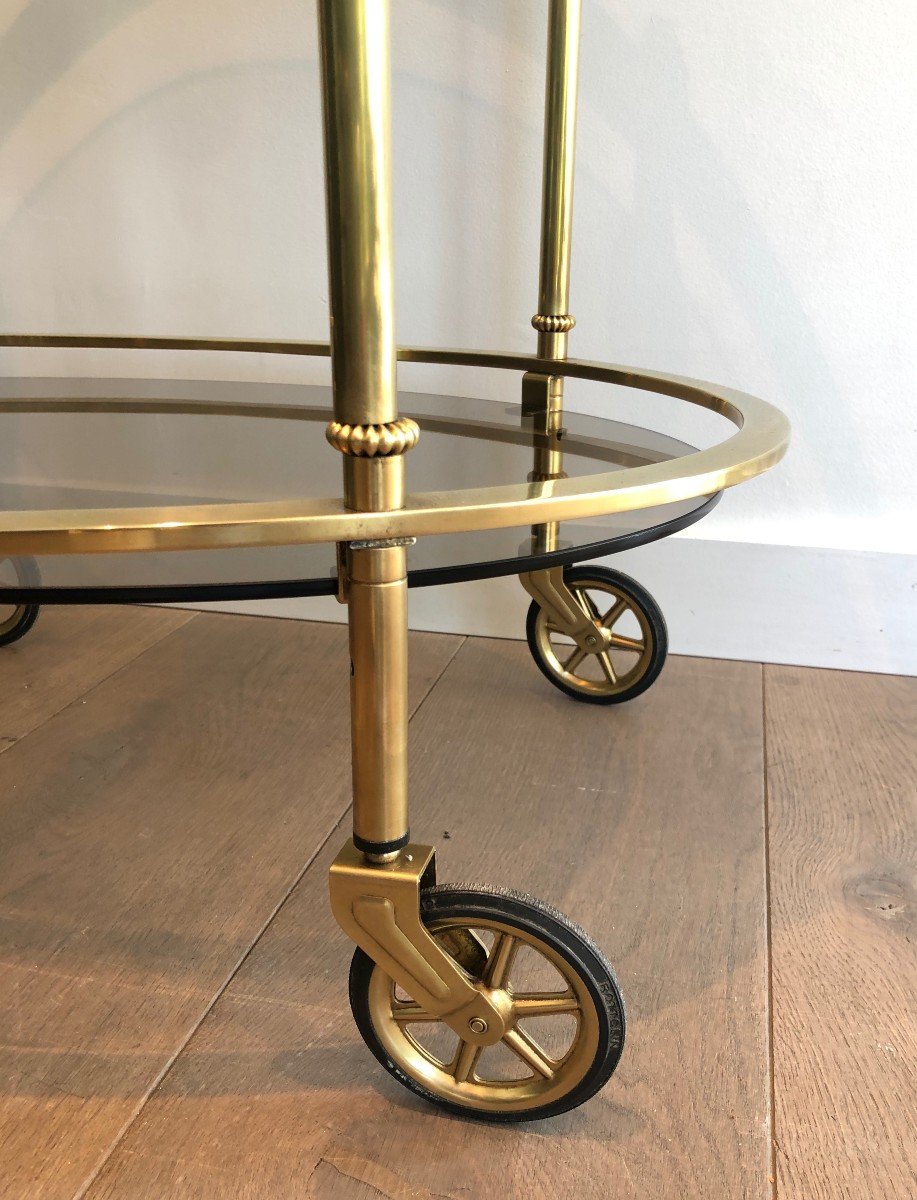 Oval Brass Drinks Trolley With Smoked Glass Shelves. French Work, Attributed To Maison Jansen-photo-3