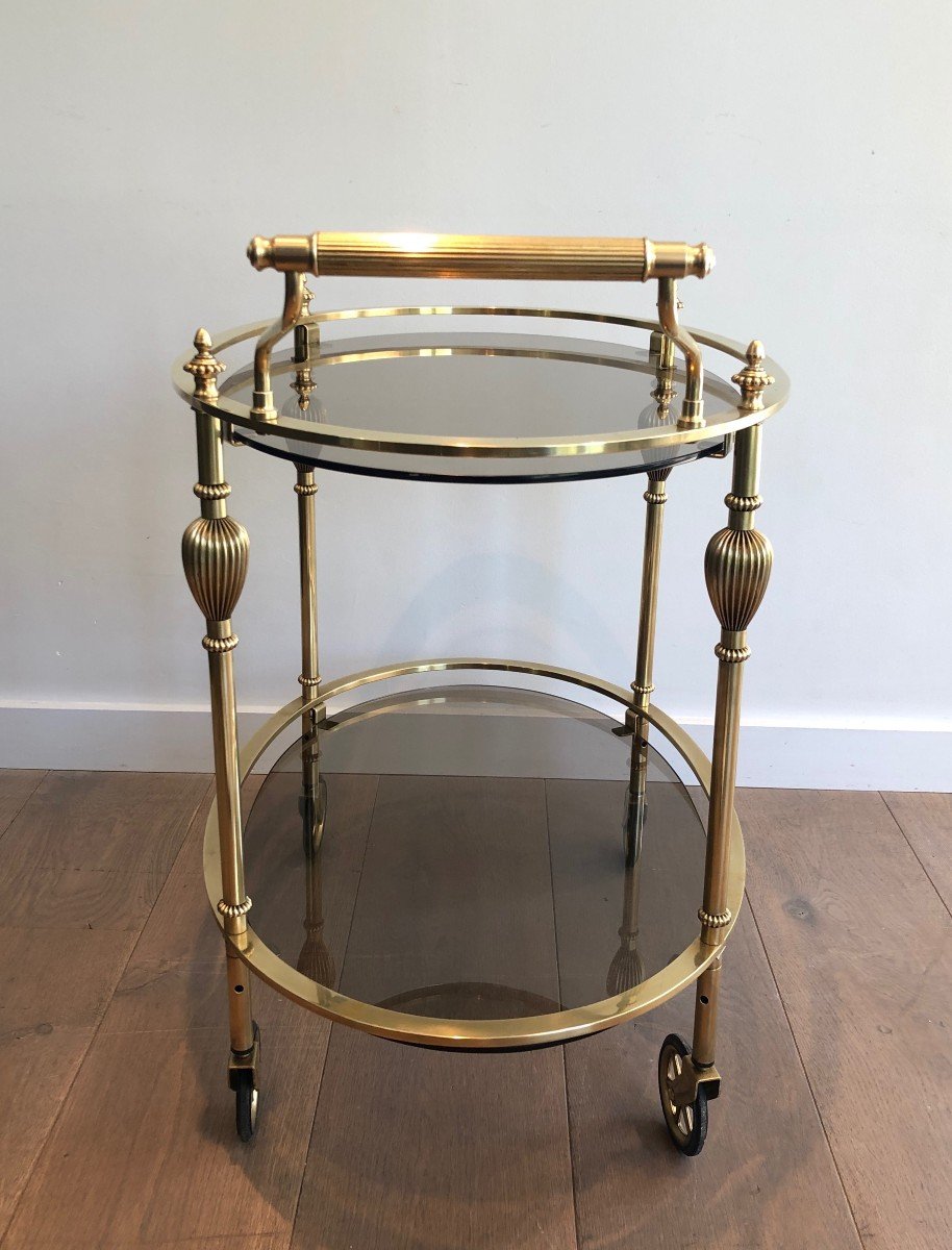 Oval Brass Drinks Trolley With Smoked Glass Shelves. French Work, Attributed To Maison Jansen-photo-6
