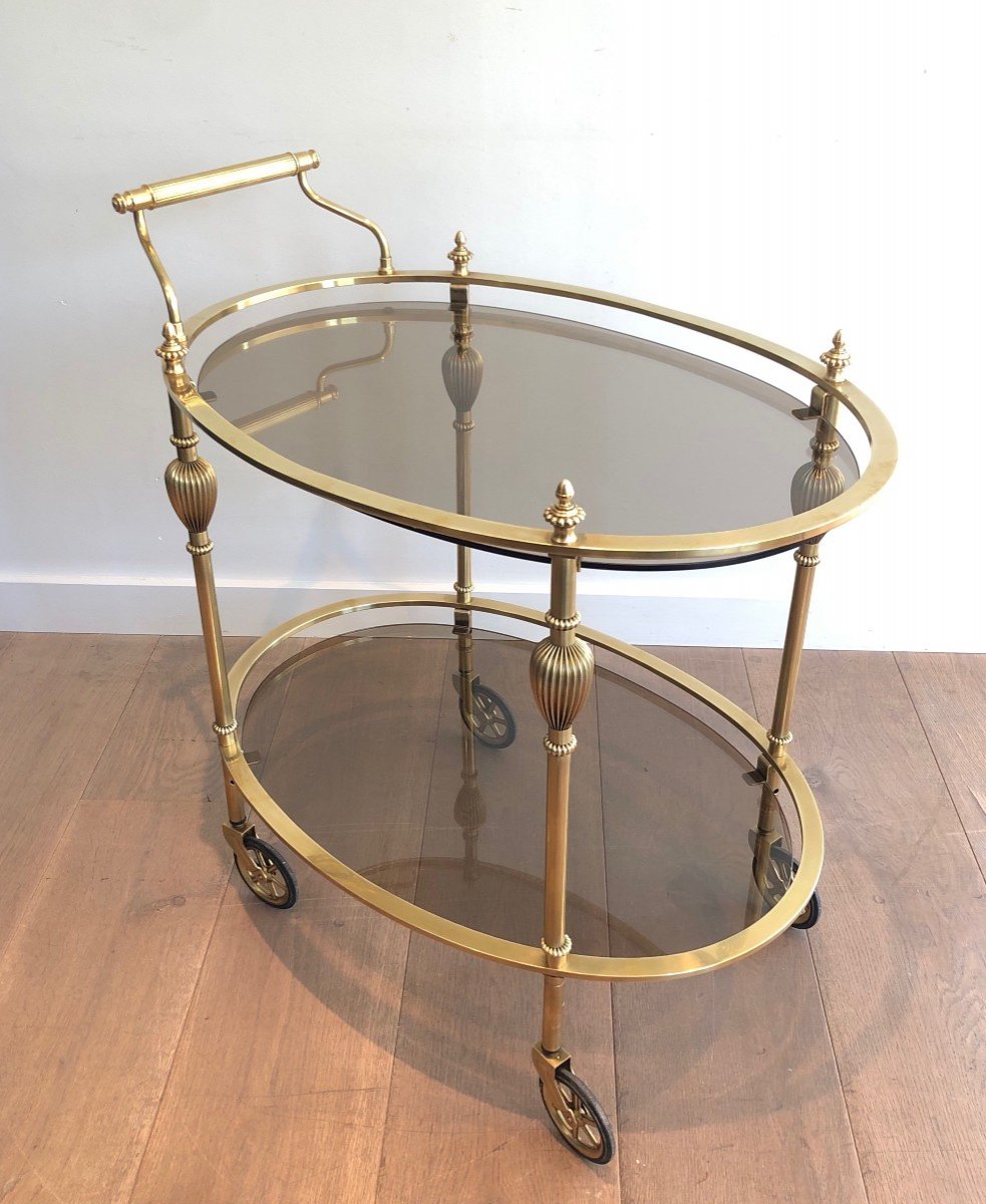 Oval Brass Drinks Trolley With Smoked Glass Shelves. French Work, Attributed To Maison Jansen-photo-7