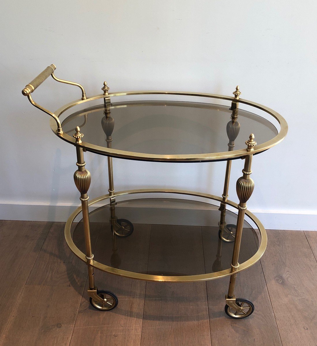 Oval Brass Drinks Trolley With Smoked Glass Shelves. French Work, Attributed To Maison Jansen