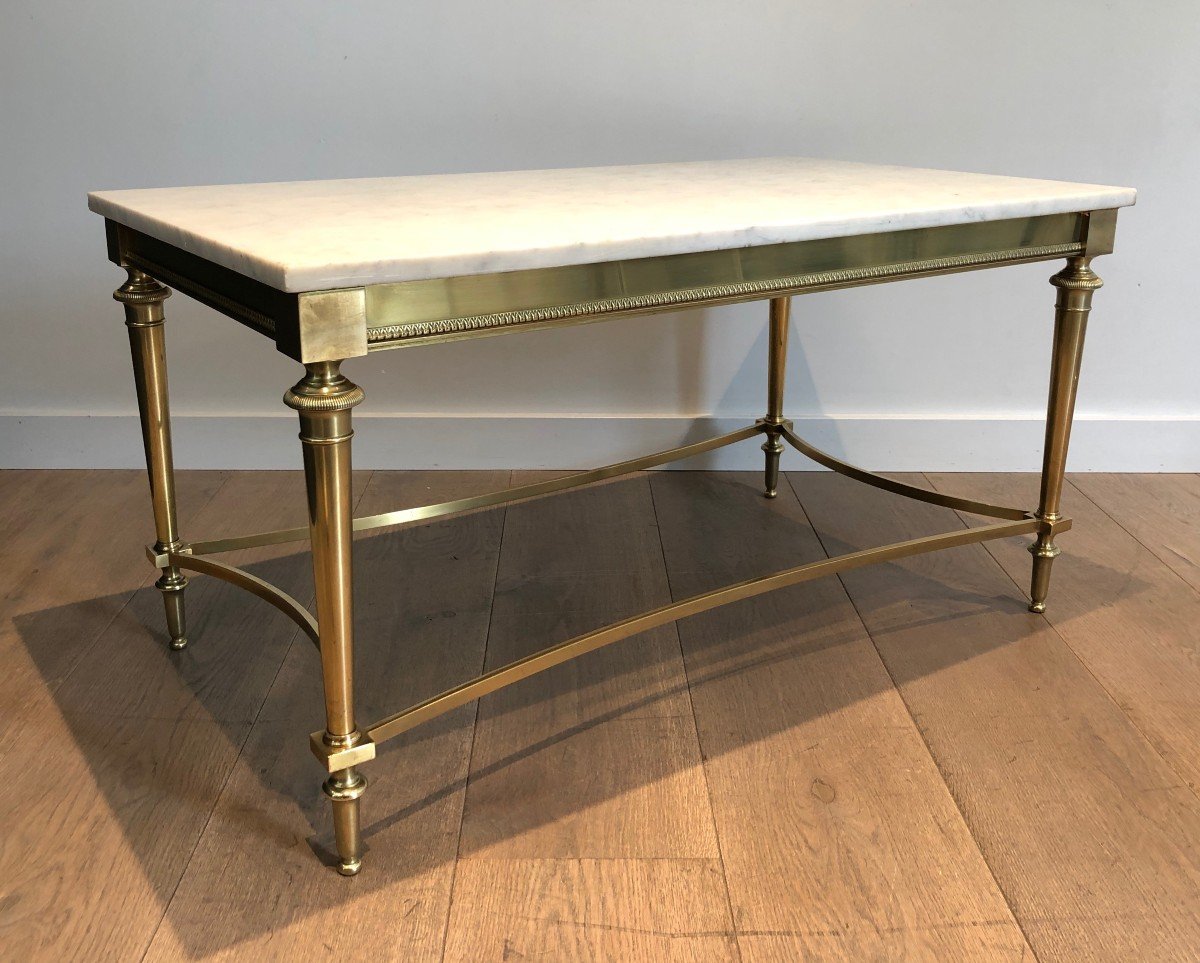 Neoclassical Style Brass Coffee Table With White Carrara Marble Top. French. Circa 1940-photo-2