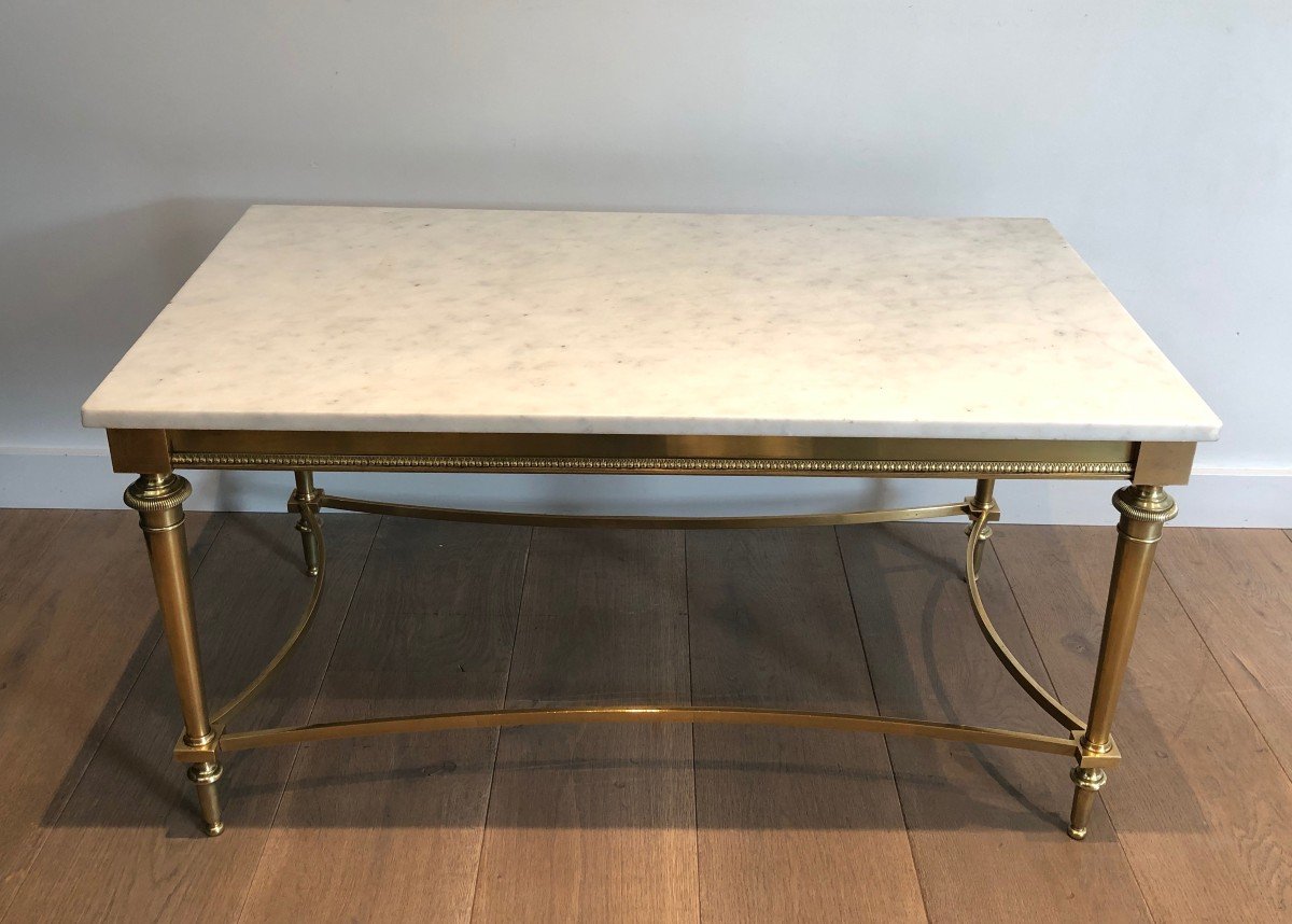 Neoclassical Style Brass Coffee Table With White Carrara Marble Top. French. Circa 1940-photo-4