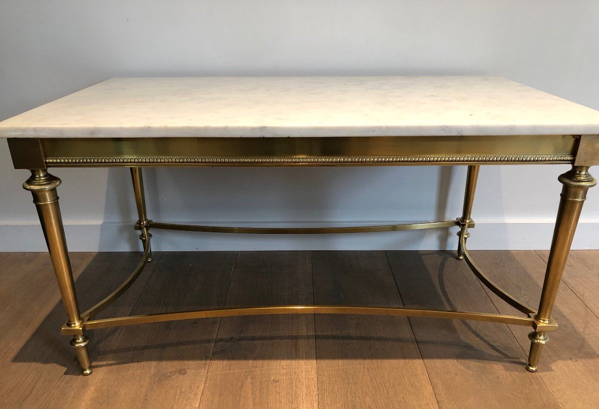 Neoclassical Style Brass Coffee Table With White Carrara Marble Top. French. Circa 1940-photo-1