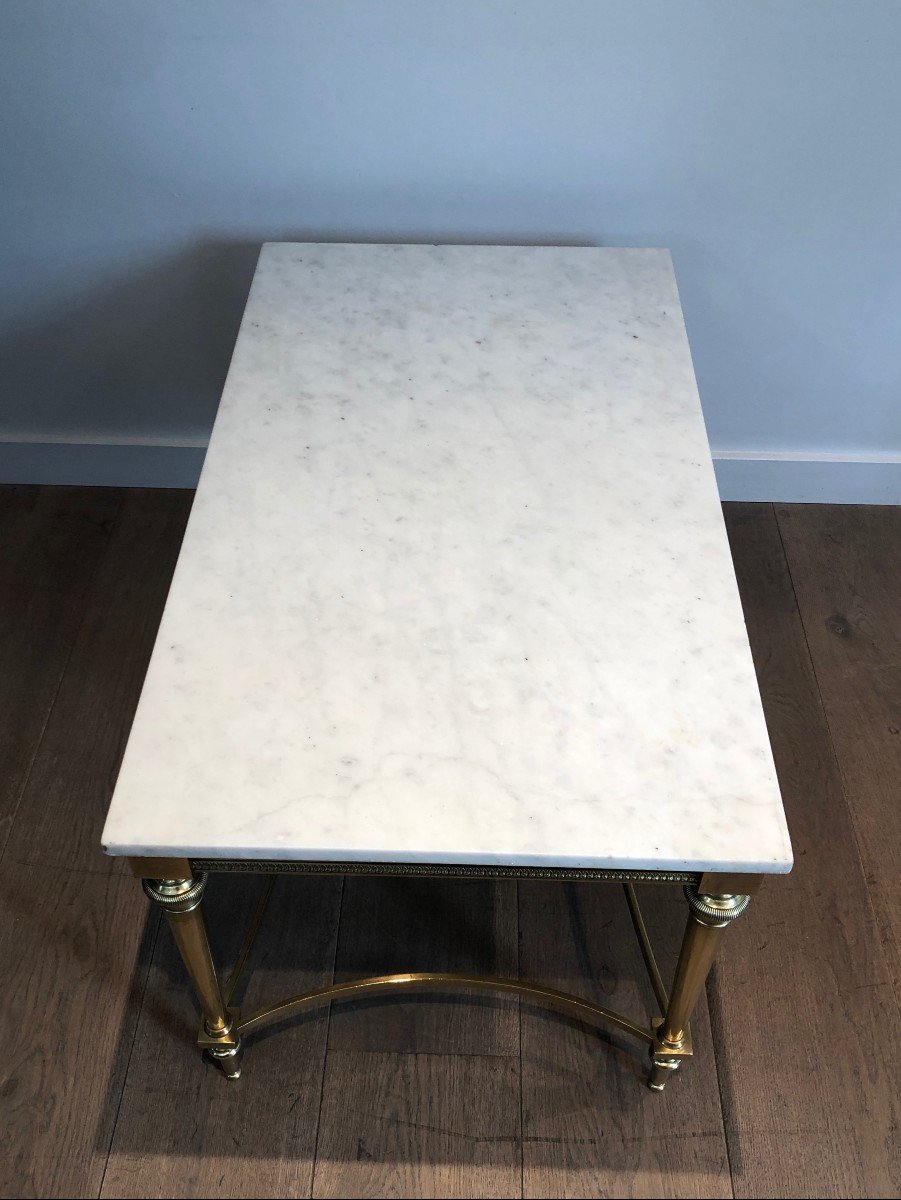 Neoclassical Style Brass Coffee Table With White Carrara Marble Top. French. Circa 1940-photo-3